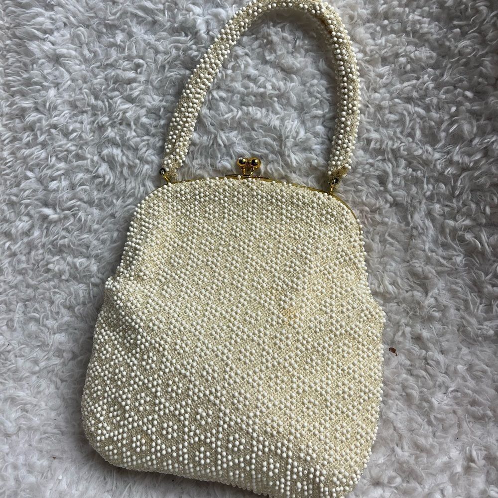 Vintage Corde bead hand bag-made in US Ivory beaded-Retro bag gold tone frame.
